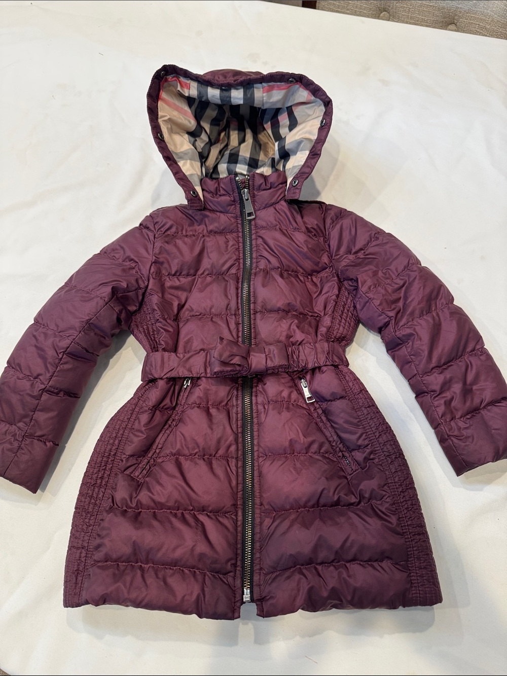 Burberry Girls Maroon Quilted Hooded Pea Coat